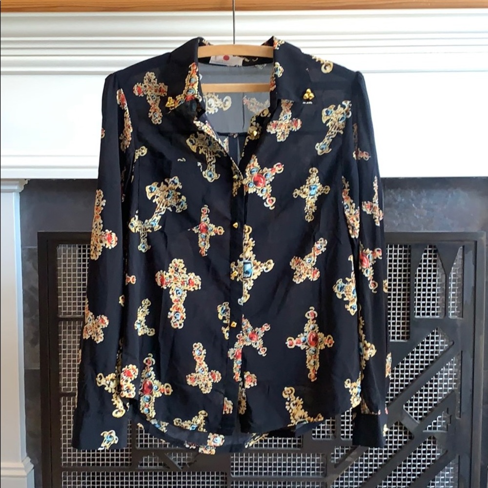 Jeweled Cross Long Sleeve Silk Blouse Stud Buttons